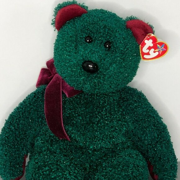 TY Beanie Buddies 2001 Holiday Teddy Bear Green w Shimmer & Maroon Tag Retired - Picture 8 of 9